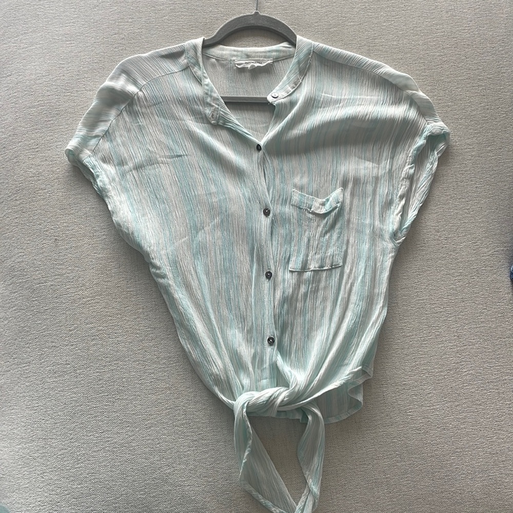 Blue and white linen shirt with front tie
